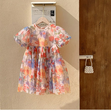 2025 Summer Kids Clothes Puff Sleeve Flower Print Dress For Girls Mesh Kids Dress for Girl