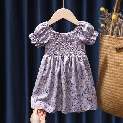 Summer 0-6T Baby Girl Vacation Style Bubble Sleeves Sweet Princess Skirt Flower Print Dress For Girls