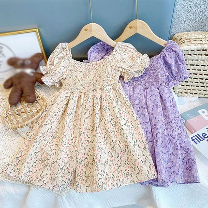 Summer 0-6T Baby Girl Vacation Style Bubble Sleeves Sweet Princess Skirt Flower Print Dress For Girls