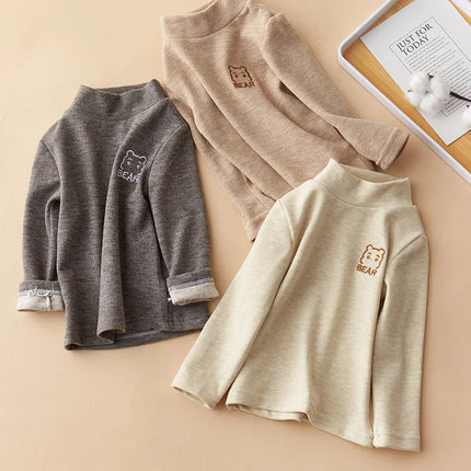 Children's T-Shirts Bear Embroidery and Fleece Long Sleeve Base Shirt Girls Boys Clothes Girls Tshirts Kids Clothes Boys