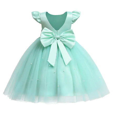 Pink Flower Girl Dresses Cute Bow Short Sleeve Princess Dresses for Formal Wedding Kid Birthday Party Banquet Elegant Girls Gown