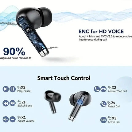 Wireless Earphone 40dB Noise Cancelling Bluetooth 5.3 Headphone 6 Mic ENC with LED Display HD Call TWS Earbuds Transparency Mode