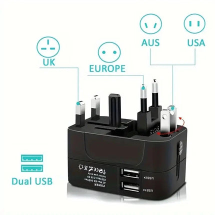 Universal AC power adapter with dual USB charging ports, universal travel plugs and sockets, EU-US AC power adapter