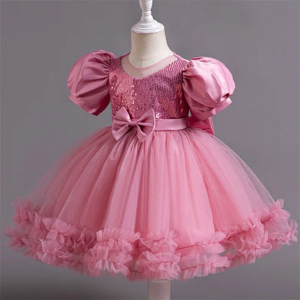 Baby Girl Fluffly Pink Princess Dress Toddler Infant Wedding Party Prom Gown Children Sequin 1st Birthday Baptism Evening Dress