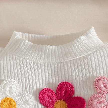 Baby Girl Outfit Set 0 - 3Y Baby Clothing Mock Neck Flower Applique Ribbed Top and Color Block Bow Skirt Cute Casual Party Wear