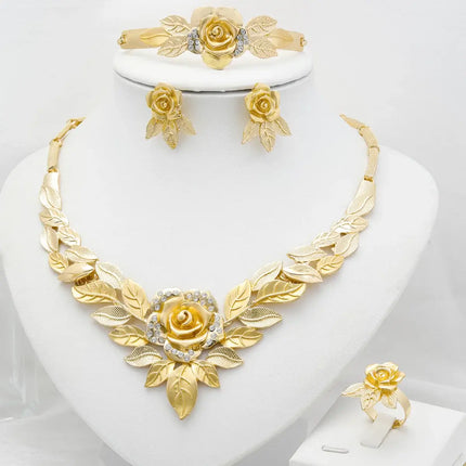 Jewelry Sets for Women Flower Pendant Necklace 18k Gold Plated Fashion Design Earring Bracelet Ring Sets Exquisite Gifts