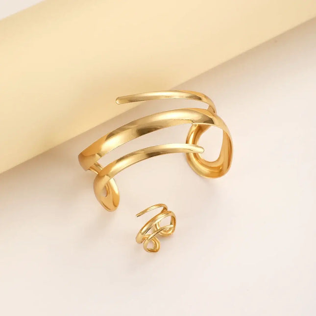 European And American Thick Bracelet And Ring Jewelry Set For Women Gold Color Geometric Line Bracelet Ring Combination Set Gift