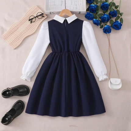 Blue Kids Girl Dress Summer Autumn Long Sleeve College Children Dress Casual Fashion Girl Birthday Party Dress 8 9 10 11 12 Yrs