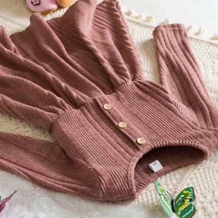 Baby Girl Button Front Solid Rib Knit Long-sleeve Dress Soft and Comfortable Perfect for Outings Daily Casual Wear Kids Clothes