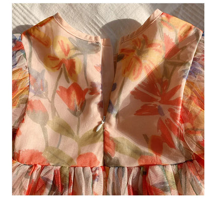 2025 Summer Kids Clothes Puff Sleeve Flower Print Dress For Girls Mesh Kids Dress for Girl