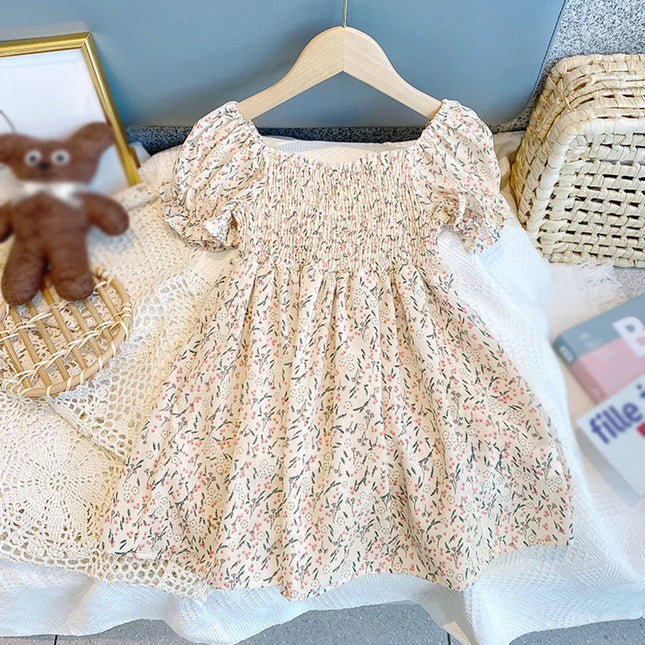 Summer 0-6T Baby Girl Vacation Style Bubble Sleeves Sweet Princess Skirt Flower Print Dress For Girls
