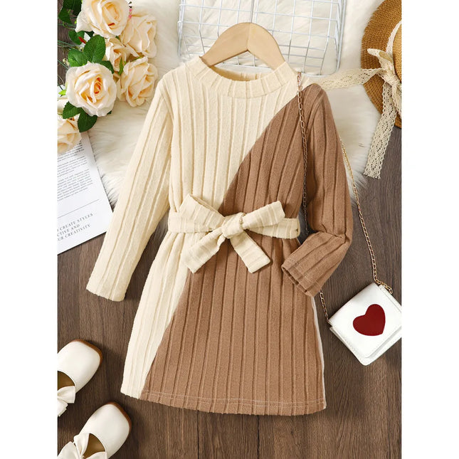 Kids Girls Knitted Dress Patchwork Long Sleeved Dress with Belt Fashion Elegant Casual Party Clothes For Children 4-7 Years