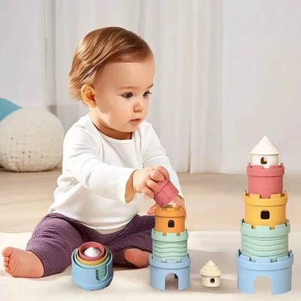 Kid Silicone Castle Stack Cup Toys Color Digital Cognitive Building Blocks Brain Response Battle for Early Education Games Toy