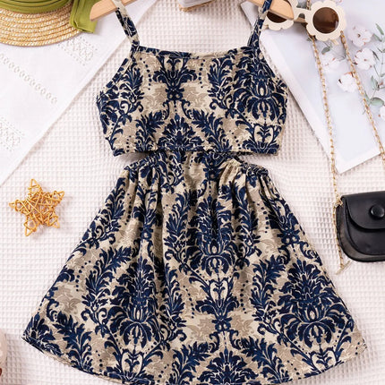 1 - 7 Y Baby Girls' Sling Cut - Out Vintage Floral Print Dress - Stylish & Breathable Summer Outfit for Kids Girls Dress