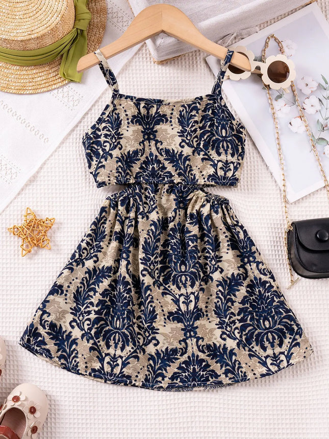 1 - 7 Y Baby Girls' Sling Cut - Out Vintage Floral Print Dress - Stylish & Breathable Summer Outfit for Kids Girls Dress