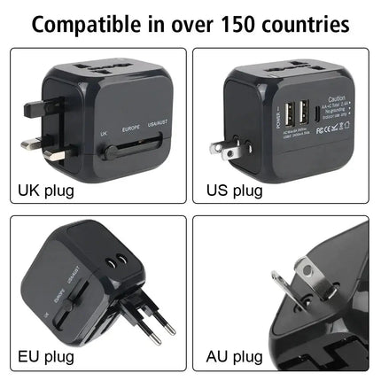 All-in-One Wall Travel Charger Adapter - US EU UK AU Plugs with 2 USB & 1 Type C, Universal for Travel