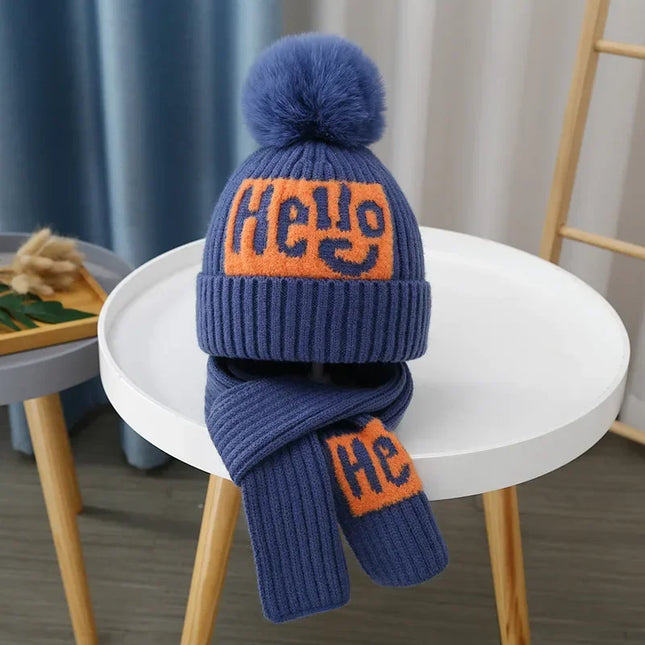 2Pcs/Set Children's Hat and Scarf Set for Boys and Girls Winter Warmth Cotton Lining Wool Knit Hats Baby Two-Piece Hat Set