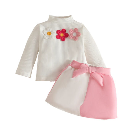 Baby Girl Outfit Set 0 - 3Y Baby Clothing Mock Neck Flower Applique Ribbed Top and Color Block Bow Skirt Cute Casual Party Wear