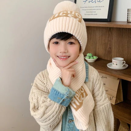 2Pcs/Set Children's Hat and Scarf Set for Boys and Girls Winter Warmth Cotton Lining Wool Knit Hats Baby Two-Piece Hat Set