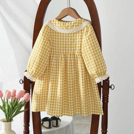 Autumn Girls Fashion Long Sleeve Turn-down Collar Checkered Printed Dress 1 Pc 3-7 Years Kids Casual Clothes