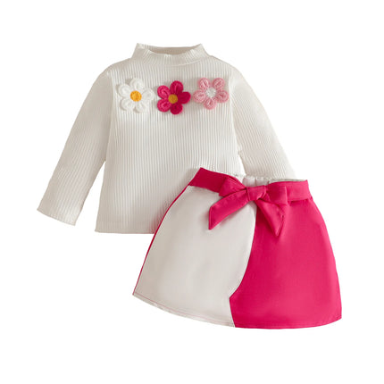 Baby Girl Outfit Set 0 - 3Y Baby Clothing Mock Neck Flower Applique Ribbed Top and Color Block Bow Skirt Cute Casual Party Wear