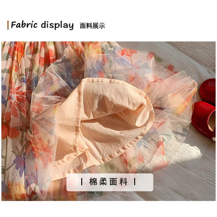 2025 Summer Kids Clothes Puff Sleeve Flower Print Dress For Girls Mesh Kids Dress for Girl