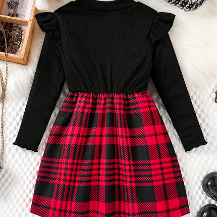 Spring & Autumn Kids Cute Fashion dress Girls Casual Solid color round neck wing sleeve shirt Red plaid skirt ceremonial dress s