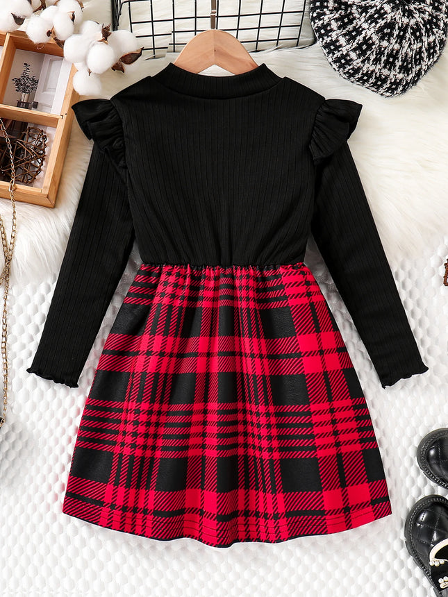 Spring & Autumn Kids Cute Fashion dress Girls Casual Solid color round neck wing sleeve shirt Red plaid skirt ceremonial dress s