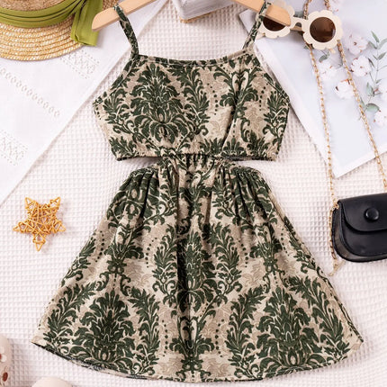 1 - 7 Y Baby Girls' Sling Cut - Out Vintage Floral Print Dress - Stylish & Breathable Summer Outfit for Kids Girls Dress
