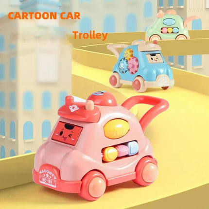 Kid Pull Along Toy Walking Trolley Musical Light Up Car Toy Crawling To Walking Learning Toys Cartoon Polyhedral Trolley Car Toy