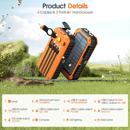 40000mAh Solar Power Bank with Hand Crank Portable 22.5W Fast Charger Built-in Cable External Battery for Phones Camping Outdoor