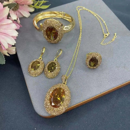 one set jewelry women's baroque and oval zircon brown RING/bracelet/pendant necklace earrings