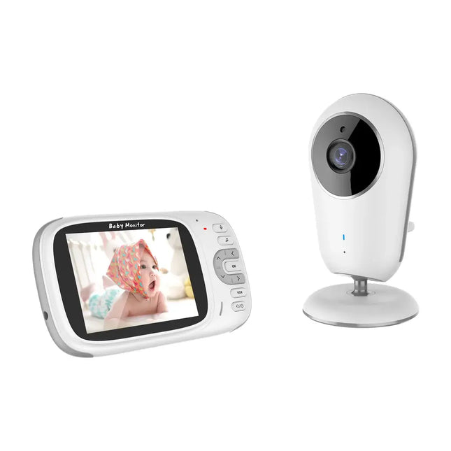 Baby monitor with 3.2 inch screen displaying a baby, and a wireless camera for two-way communication.