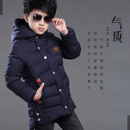 2025 New Winter Keep Warm Teenage Boys Jacket 5-14 Years Long Slim Fit Fashion Hooded Coat For Kids Children Outdoor Windbreaker