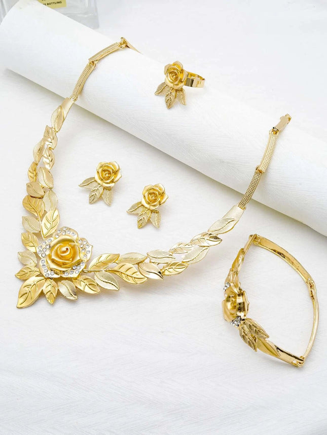 Jewelry Sets for Women Flower Pendant Necklace 18k Gold Plated Fashion Design Earring Bracelet Ring Sets Exquisite Gifts