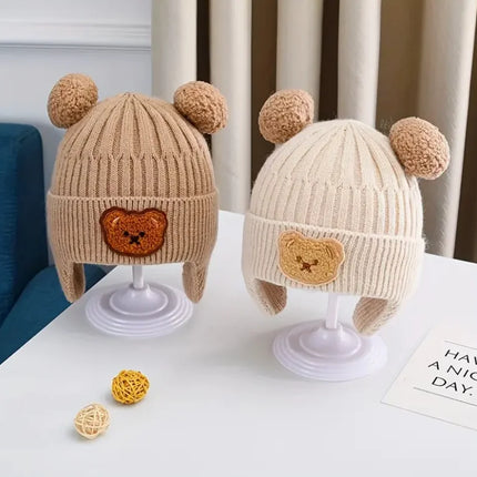 Winter Baby Beanie Cartoon Bear Ear Protection Knitted Hat, Suitable for Toddling Boys and Girls