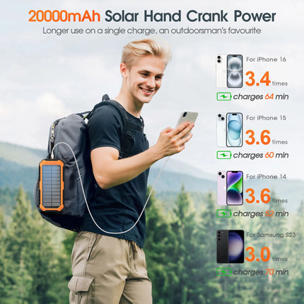 40000mAh Solar Power Bank with Hand Crank Portable 22.5W Fast Charger Built-in Cable External Battery for Phones Camping Outdoor
