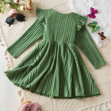 Baby Girl Button Front Solid Rib Knit Long-sleeve Dress Soft and Comfortable Perfect for Outings Daily Casual Wear Kids Clothes