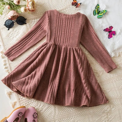 Baby Girl Button Front Solid Rib Knit Long-sleeve Dress Soft and Comfortable Perfect for Outings Daily Casual Wear Kids Clothes