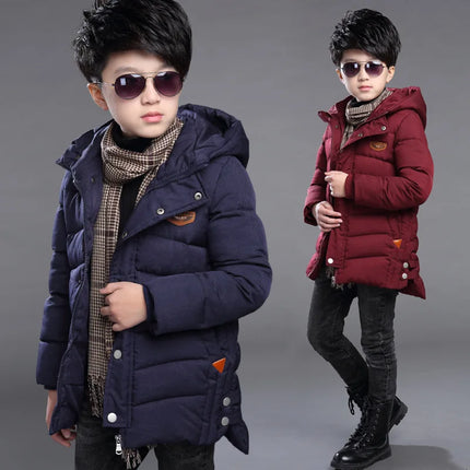 2025 New Winter Keep Warm Teenage Boys Jacket 5-14 Years Long Slim Fit Fashion Hooded Coat For Kids Children Outdoor Windbreaker