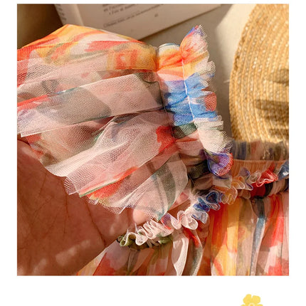 2025 Summer Kids Clothes Puff Sleeve Flower Print Dress For Girls Mesh Kids Dress for Girl