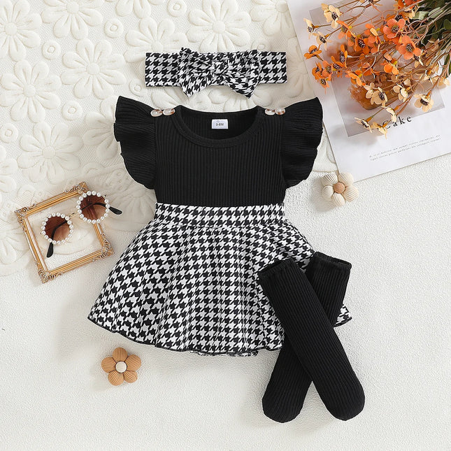 Baby girl's summer fashion cute herringbone plaid pattern round neck button decoration fly sleeve plaid skirt jumpsuit and black