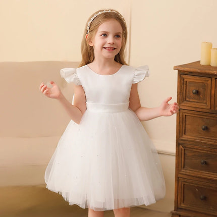 Girls Pearls Dress Elegant Princess Wedding Gown Kids Dresses For Girl Children Birthday Party Tulle Dress 3-8Yrs Vestidos