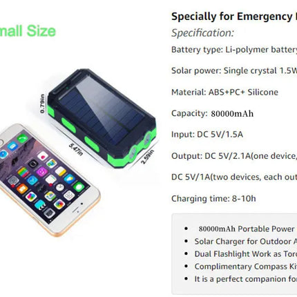 Solar Power Bank 80000mAh Portable Charging Poverbank External Battery Charger Strong Light LDE Light for All Smartphones
