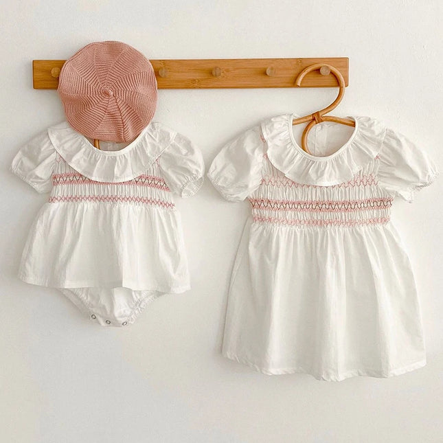 Summer Sister Baby Girl Clothes Embroidery Lace Floral Toddler Girls Ruffled Dress Newborn Infant Baby Romper 2Pcs Suit Korea