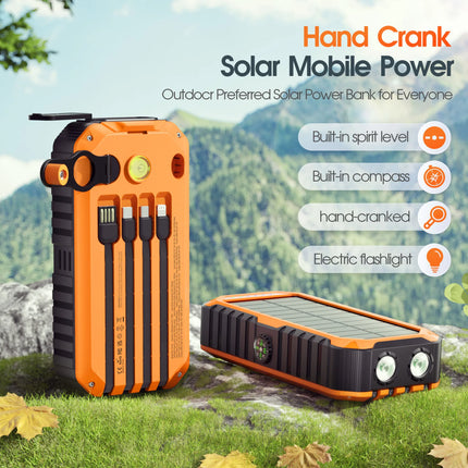40000mAh Solar Power Bank with Hand Crank Portable 22.5W Fast Charger Built-in Cable External Battery for Phones Camping Outdoor