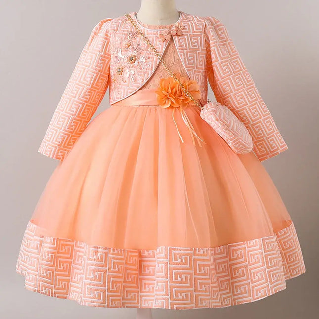 HETISO Girl Dresses with Bag long Sleeve Coat Tulle Princess Ball Gown for Kids in Party Birthday Graduation Christmas 3-10Y