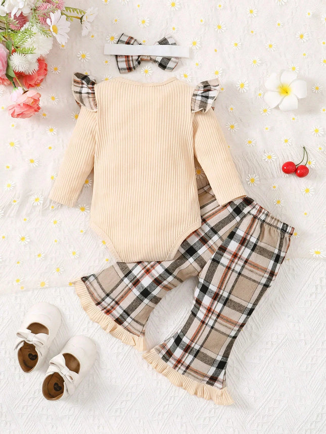 Baby Girl Slogan Graphic Ruffle Trim Bodysuit & Plaid Bow Front Flare Leg Pants & Headband