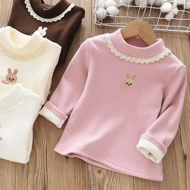 1pcs Children's T-Shirts Rabbit Embroidery Velvet warm top Kids Half High Collar Long Sleeve Base Shirt Girls Tshirts Clothes