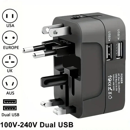 Universal AC power adapter with dual USB charging ports, universal travel plugs and sockets, EU-US AC power adapter